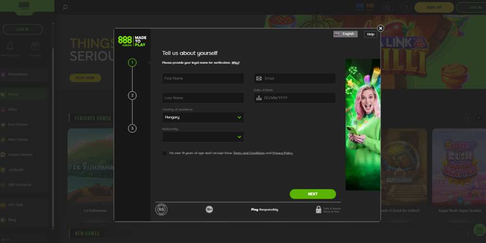 888casino signup screen