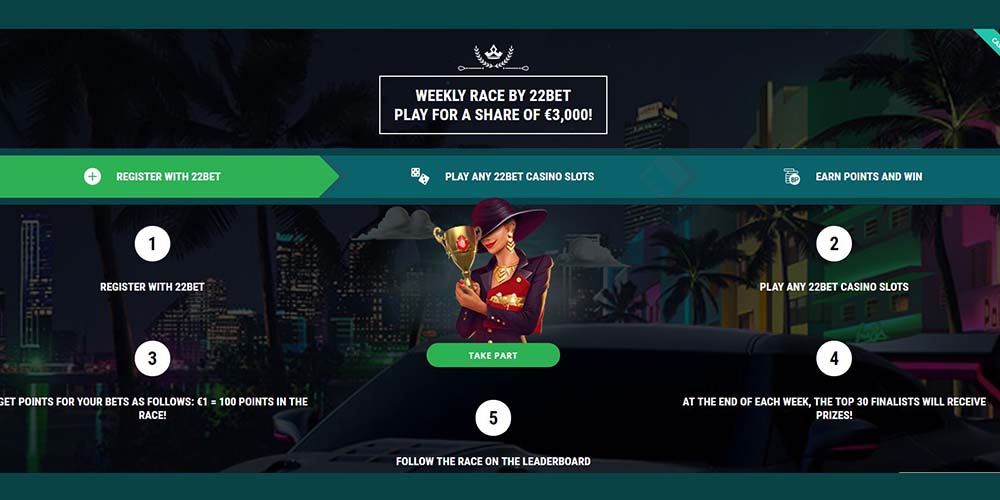 Weekly Race Online Slot Tournaments Every Week at 22BET Casino