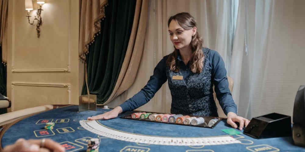 blackjack table with nice croupie