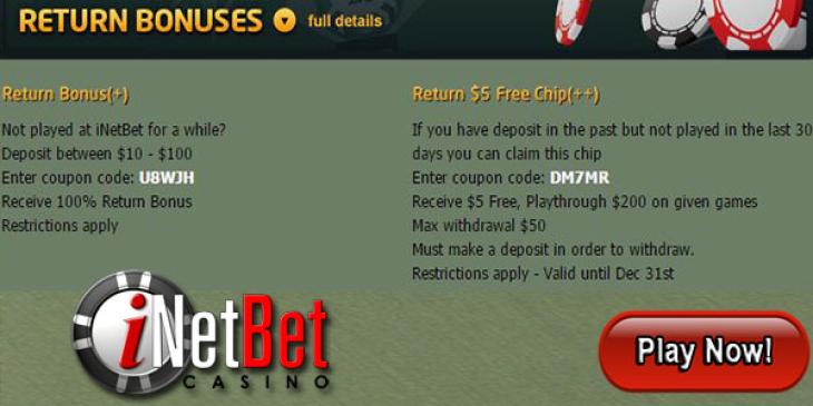 Get a $5 Free Chip and 100% Return Bonus at iNetBet Casino