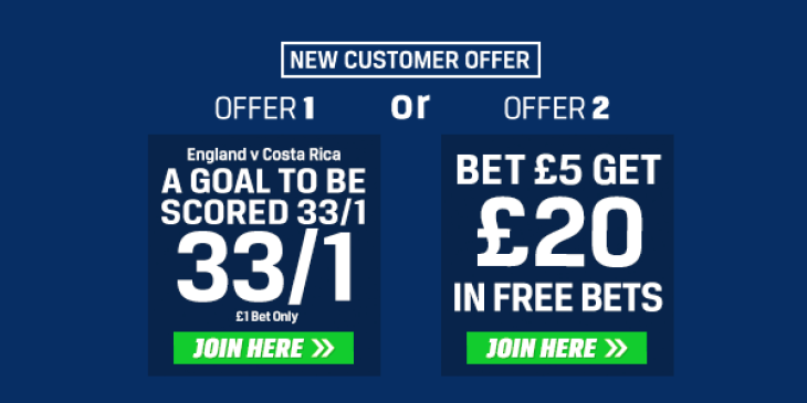 England v Costa Rica Betting Offer: 33/1 Odds for a Goal to be Scored