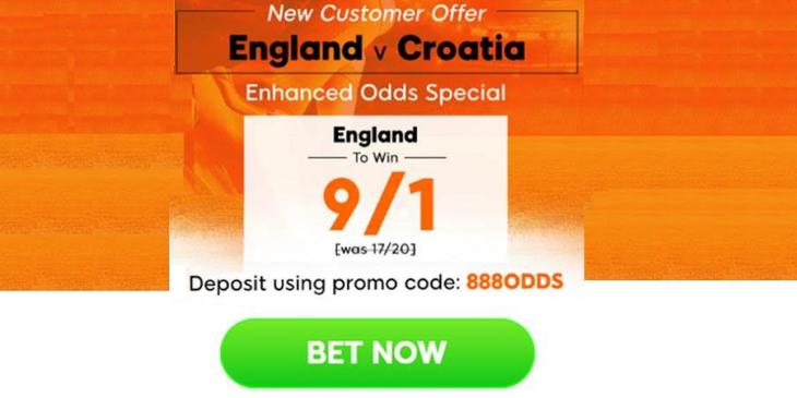 England v Croatia Enhanced Odds: 9/1 on England to Win; Only at 888sport!