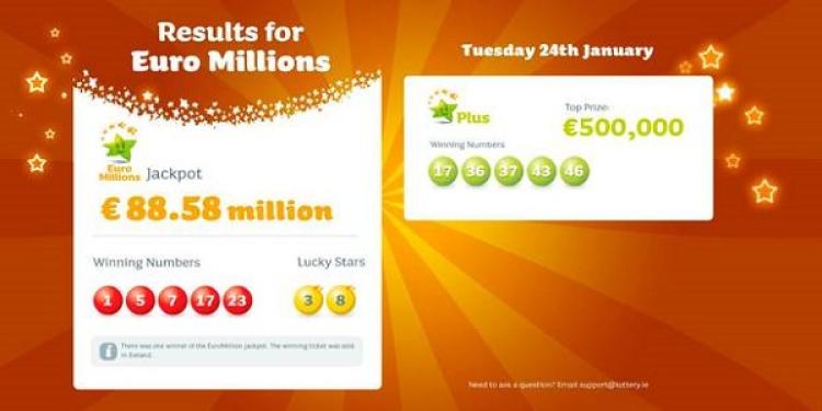 EuroMillions Jackpot Prize Pays Off Over €88 Million in Ireland