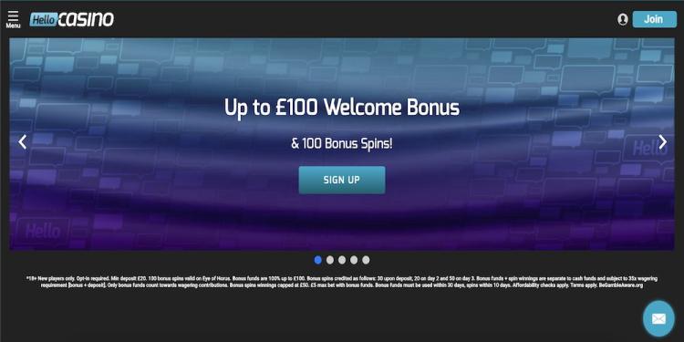Hello Casino Welcome Offer: 100% up to £100 Bonus + 100 Free Spins